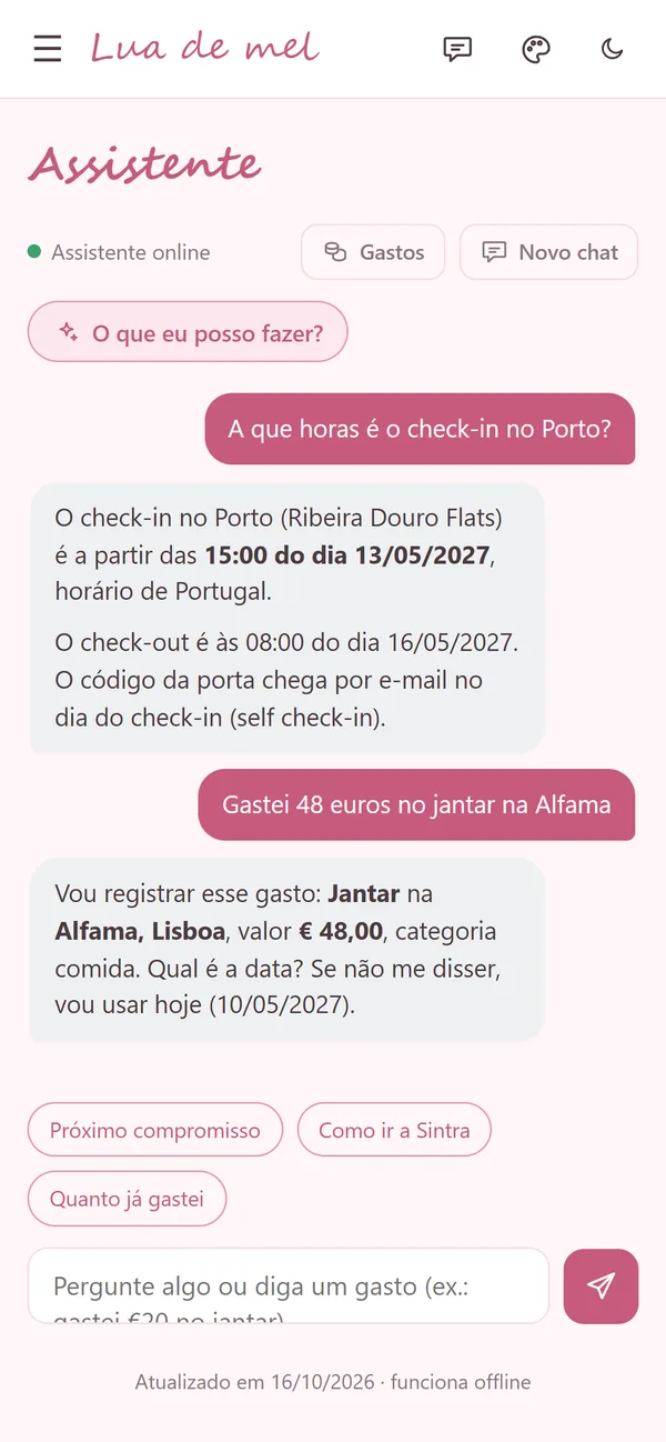 Conversa com o assistente: ele responde o horário do check-in no Porto e registra um gasto de 48 euros.
